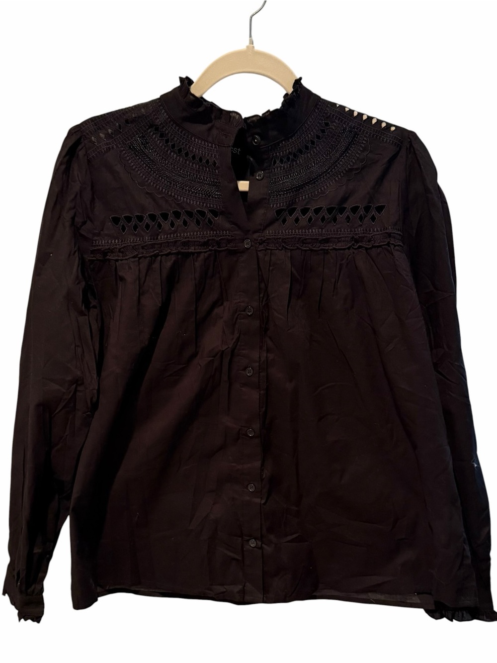 Yest Black Cotton Lace Trim Victorian Blouse Button Front Size 6 NWT